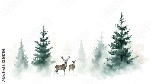 Watercolor Illustration of Two Deer in a Foggy Forest