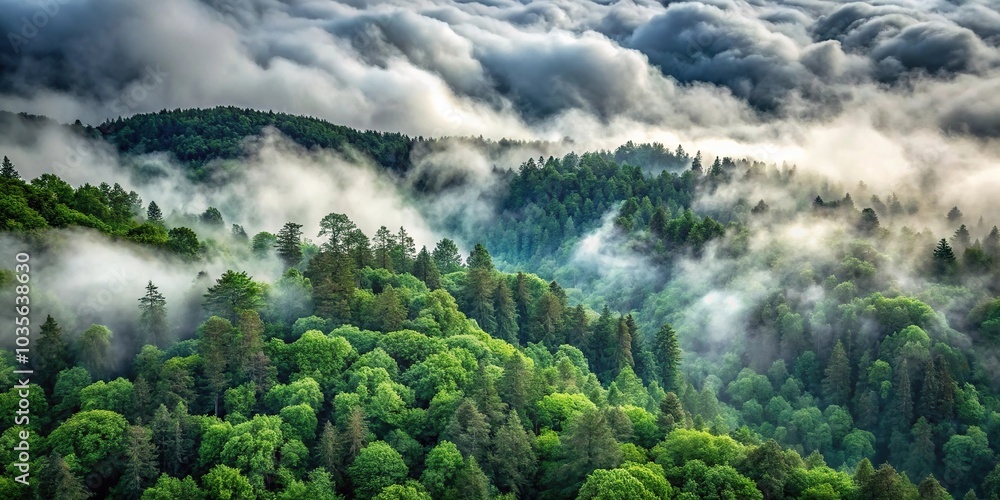 A dense forest with towering trees and a canopy of grey and white clouds, cloudy days, forest landscape