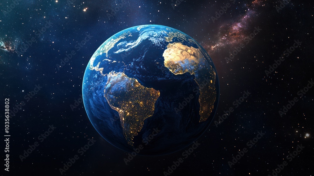 Naklejka premium A breathtaking view of Earth illuminated at night, showcasing vibrant city lights across continents against the deep blackness of outer space