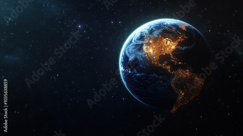 Fototapeta Naklejka Na Ścianę i Meble -  A breathtaking view of Earth illuminated at night, showcasing vibrant city lights across continents against the deep blackness of outer space