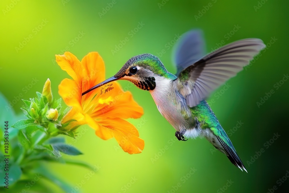 A close-up of a juvenile Rubythroated hummingbird feeding from a bright orange flower in full bloom. The intricate details of the bird's plumage, showcasing shades of green and hints of ruby red A close-up of a juvenile Rubythroated hummingbird feeding from a bright orange flower in full bloom. The intricate details of the bird's plumage, showcasing shades of green and hints of ruby red
