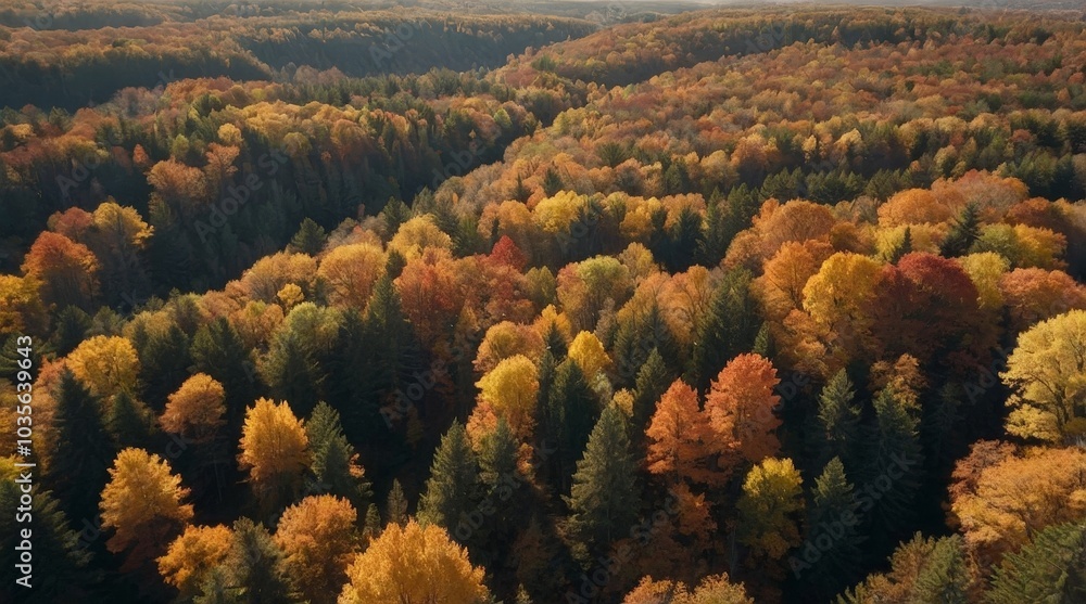 Captivating Autumn Landscape: Aerial View of Vibrant Fall Foliage Spanning Lush Forests in a Mosaic of Rich Reds, Yellows, and Greens Under a Gentle Blue Sky Captivating Autumn Landscape: Aerial View of Vibrant Fall Foliage Spanning Lush Forests in a Mosaic of Rich Reds, Yellows, and Greens Under a Gentle Blue Sky