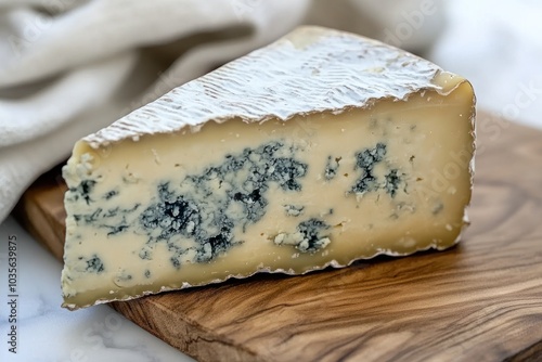 A close-up shot of a wedge of blue cheese with visible veins of blue mold, showcasing its rich, creamy texture and rugged exterior. The cheese is placed on a rustic wooden cutting board photo