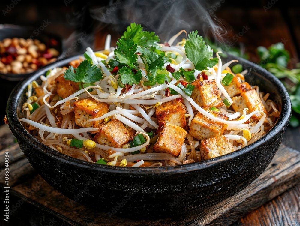 Vegan Thai Noodle Soup in a Black Bowl with Steaming Aroma Vegan Thai Noodle Soup in a Black Bowl with Steaming Aroma