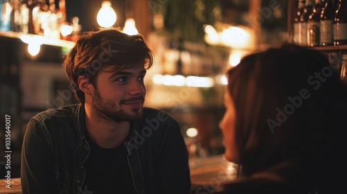 Young man at a bar, close to a woman, they gaze into each other eyes, evening ambiance, dimmed bar lighting