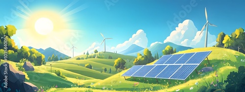 A landscape showing solar panels and wind turbines on green hills, symbolizing renewable energy sources in nature