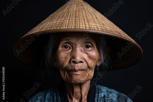 Asian old woman wearing a straw hat on a black background, Thailand. photo