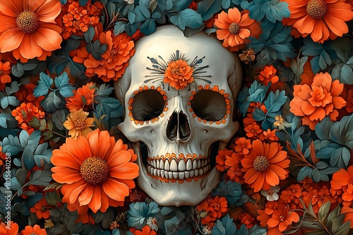 Captivating Skull Surrounded by Lush Flowers.