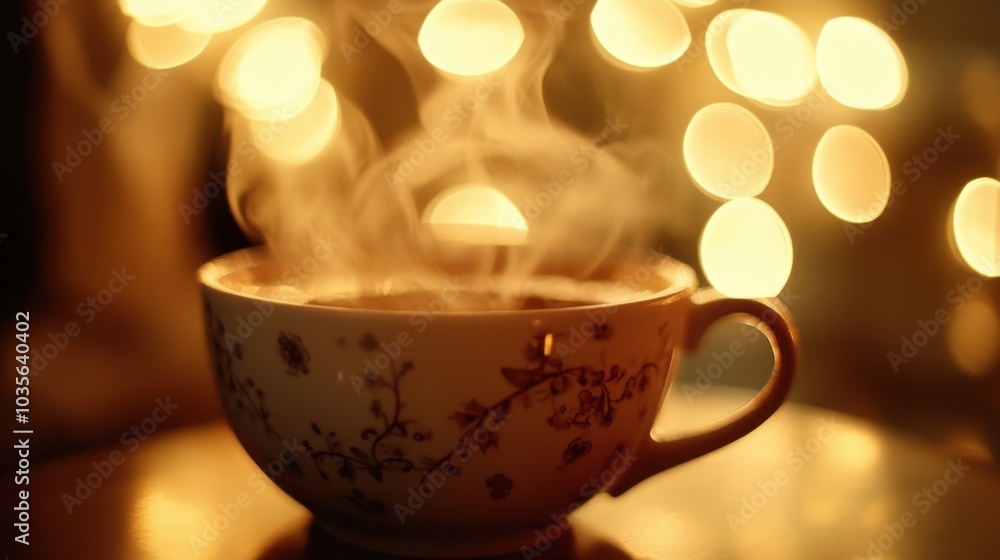 Fototapeta premium Close-up of a coffee cup in hand with steam rising, blurred background, warm tones.