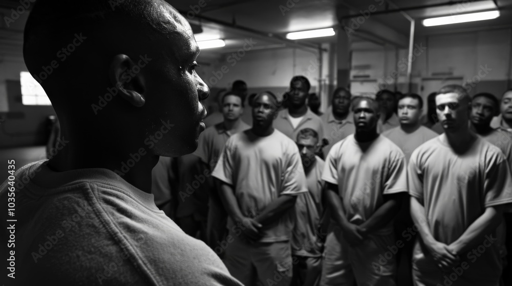A tense moment captured during a conflict resolution session between inmates, overseen by a prison counselor A tense moment captured during a conflict resolution session between inmates, overseen by a prison counselor