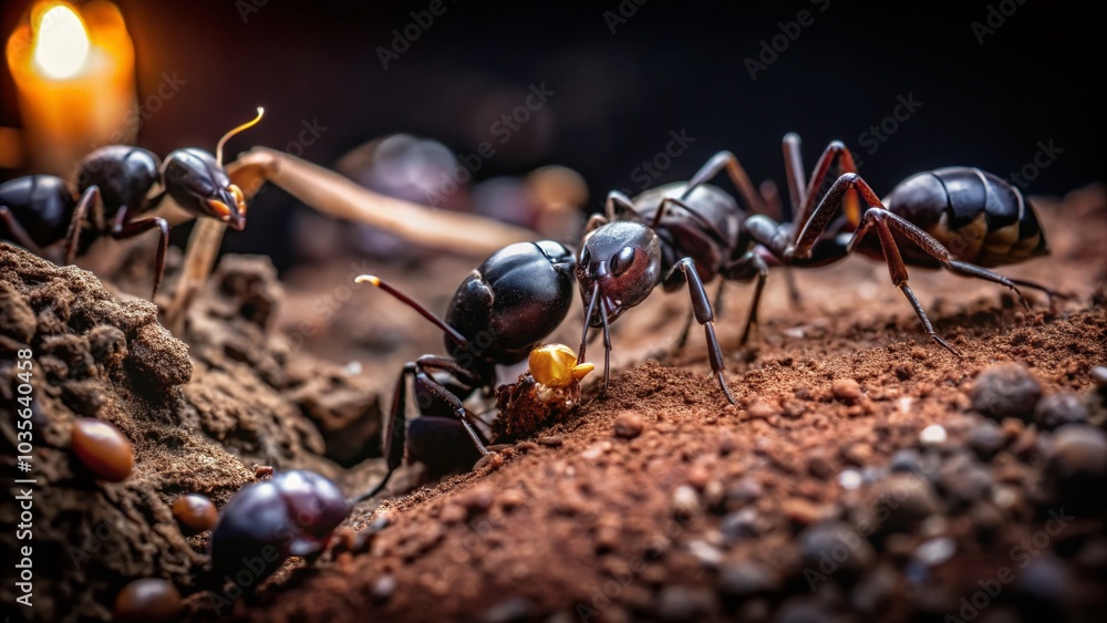 Fototapeta premium Black Ants Working Hard: Nature's Tiny Laborers in Soil