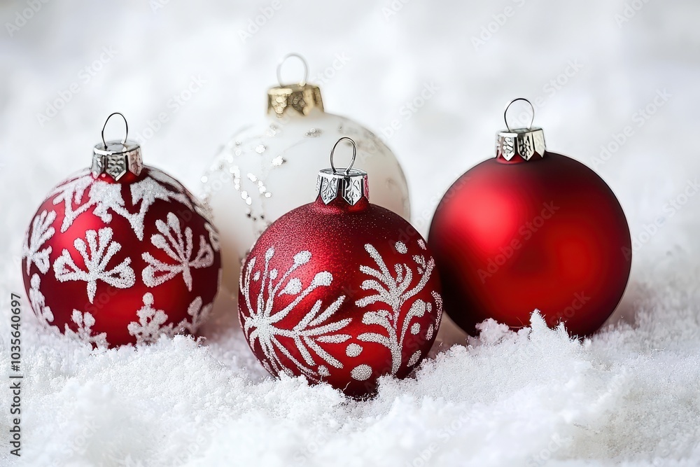 Festive red white Christmas ornaments resting on Festive red white Christmas ornaments resting on