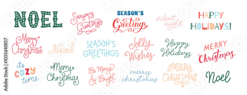 Christmas lettering set. Big collection of hand drawn and hand written Christmas greetings. Colorful vector lettering text