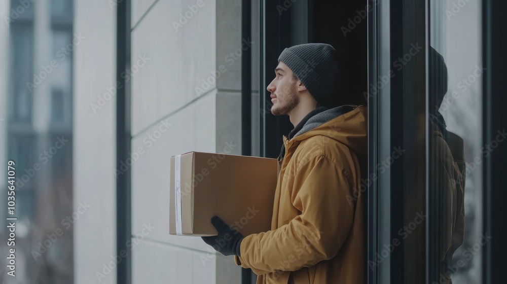 Delivery person holding a package, standing at a doorway, simple and clean outfit, neutral background Delivery person holding a package, standing at a doorway, simple and clean outfit, neutral background