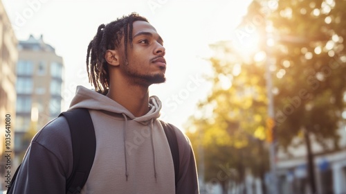 Young man with braids wearing a casual hoodie, standing under bright sunlight, city street in the background with slight blur, relaxed vibe