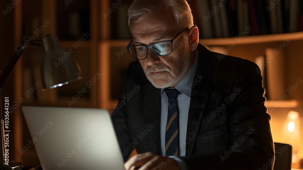 A Man in a Suit Using a Laptop in a Dimly Lit Room A Man in a Suit Using a Laptop in a Dimly Lit Room