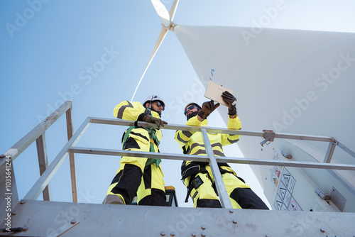 The engineering team is surveying the area to install a large wind turbine for converting wind energy into electricity photo