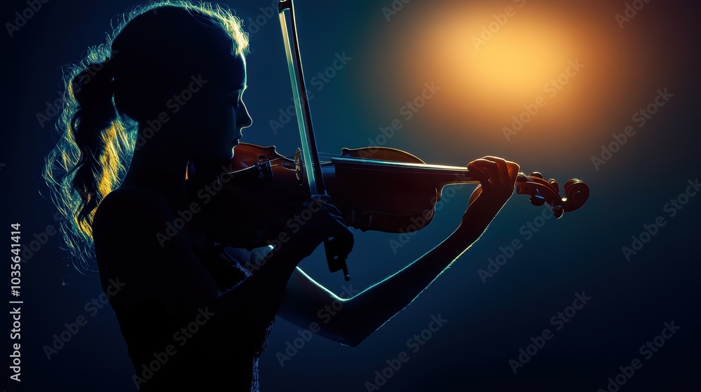 Fototapeta premium Side view of a musician with a violin, dark and minimalistic background, soft focus on the instrument.