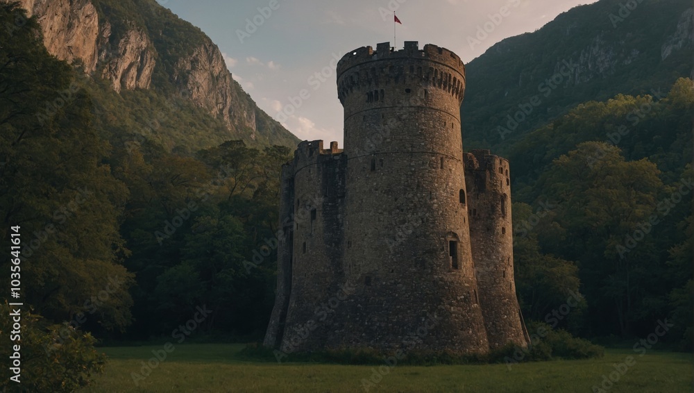 A serene archer tower beside a gentle stream A serene archer tower beside a gentle stream