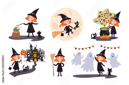Cute children character. A little witch doing various witchy things with her cat. Halloween fairy tale vector illustrations set