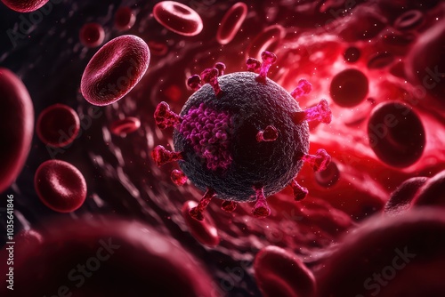 Close-up view of a virus interacting with red blood cells in a dark environment, showcasing intricate details and textures. photo