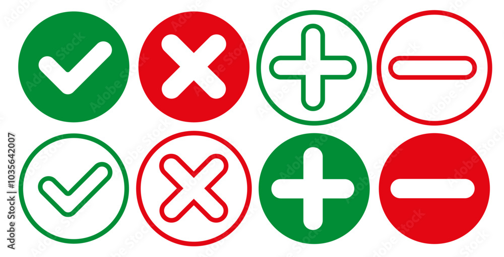 Confirmation or denial signs. Ticks and crosses, as well as pluses and minuses. Confirmation or denial signs. Ticks and crosses, as well as pluses and minuses.
