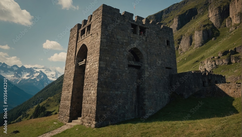 A serene archer tower beside a tranquil river A serene archer tower beside a tranquil river