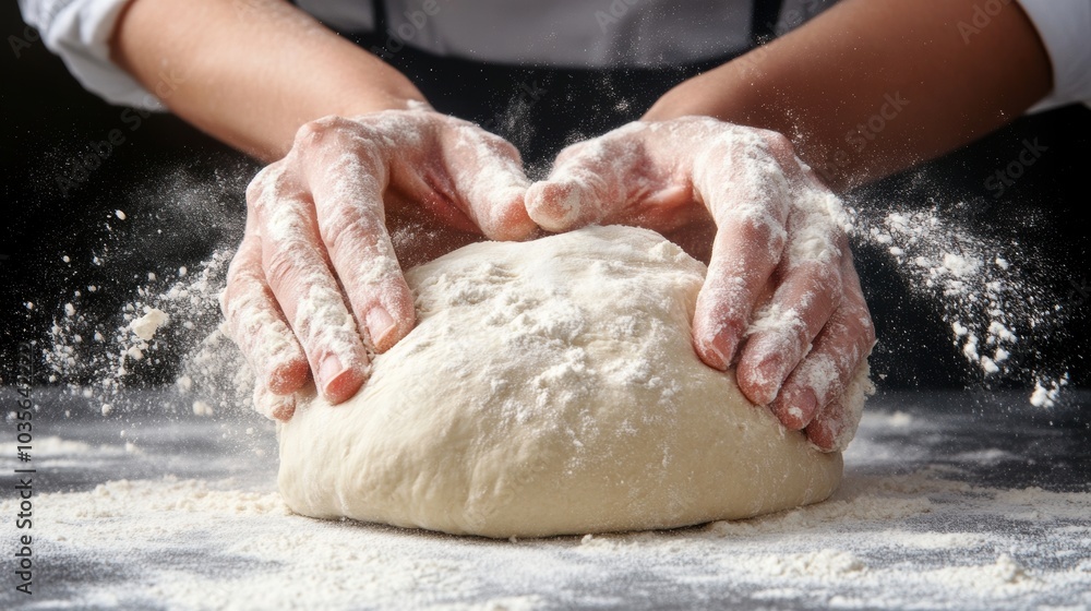 Fototapeta premium Hands kneading dough with flour dust, close-up, rustic kitchen atmosphere.