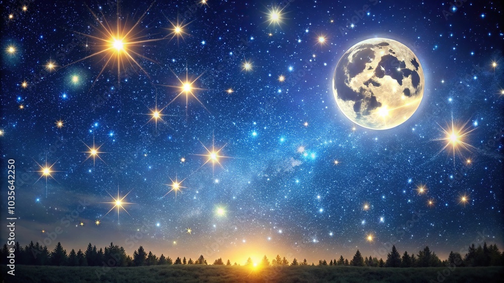 Naklejka premium A beautiful starry night scene with a full moon and twinkling stars, landscape, lunar imagery, outdoor
