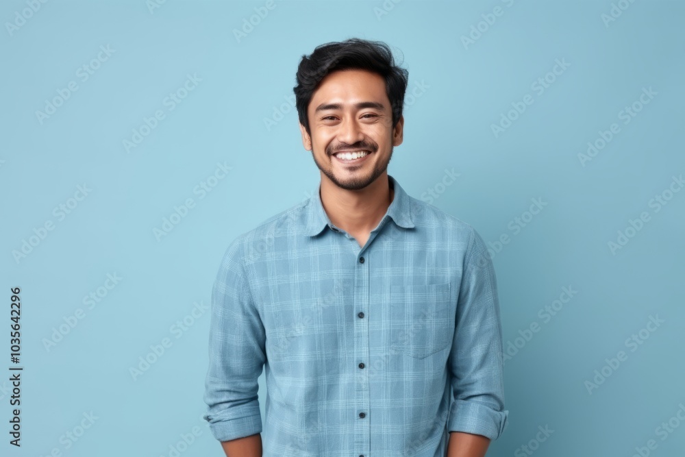 Portrait of happy smiling asian man in blue shirt on blue background Portrait of happy smiling asian man in blue shirt on blue background