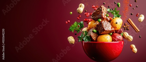 Wallpaper Mural Colorful bowl of delicious ingredients with spices in mid-air against a deep red background. Torontodigital.ca