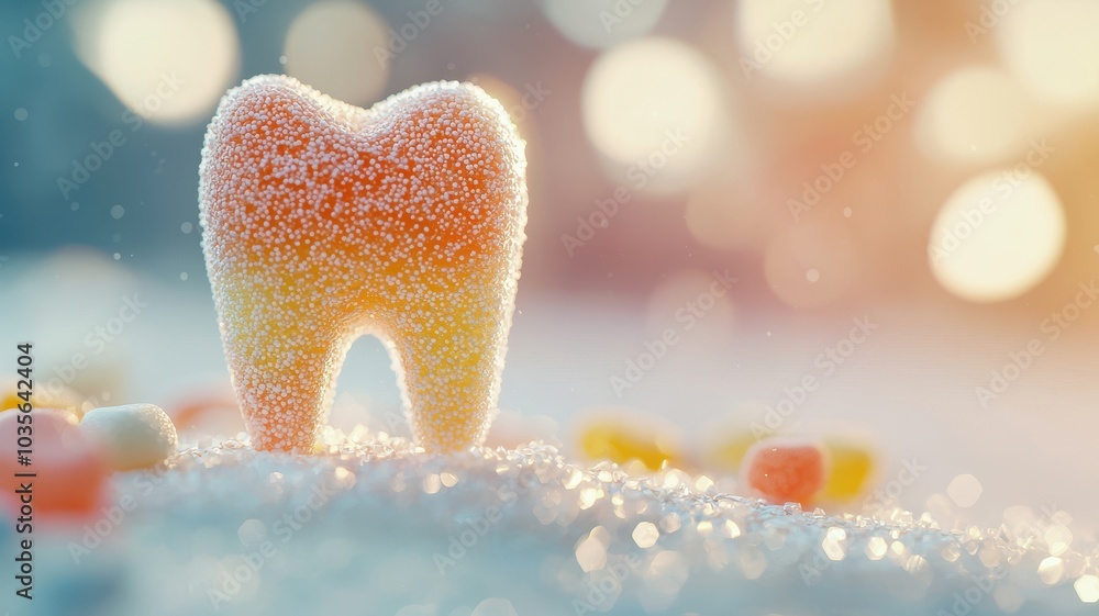 Fototapeta premium Colorful sugar-coated gummy tooth figurine on sparkling background, playful and sweet treat.