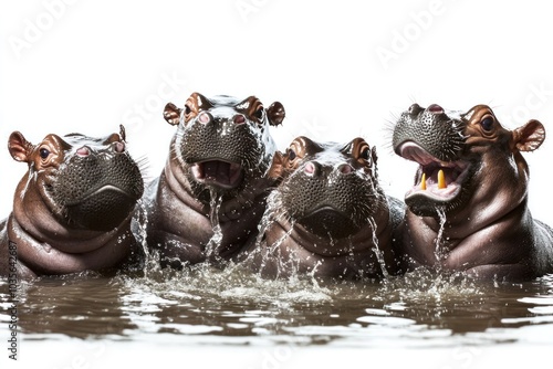 A group of pygmy hippo siblings playfully splashing water at each other in a shallow pond, their joyful expressions and playful antics making for a heartwarming scene photo