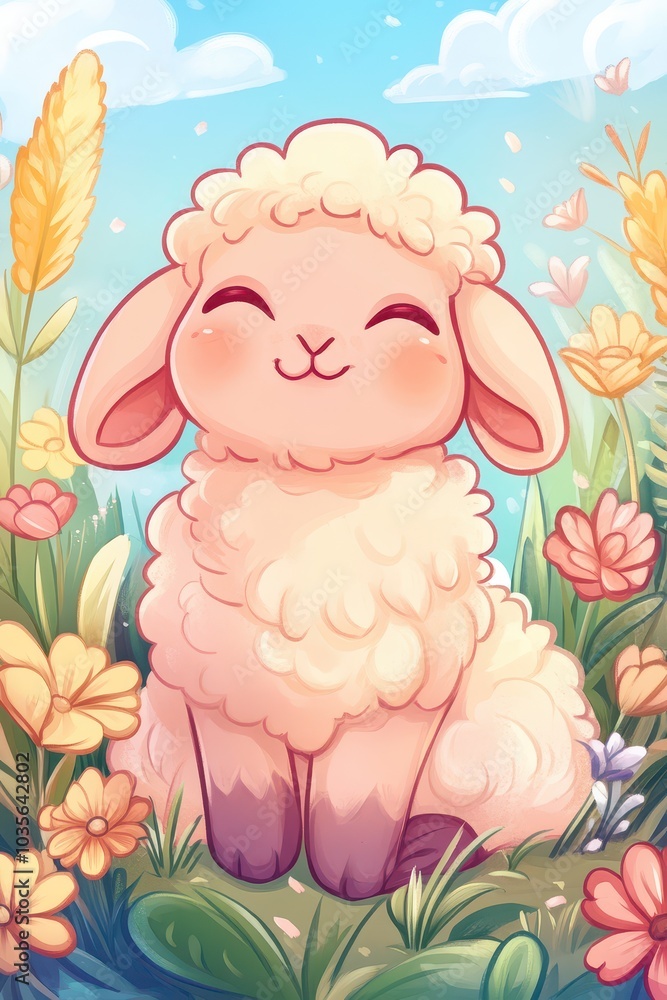 Charming cartoon sheep in blooming meadow Charming cartoon sheep in blooming meadow