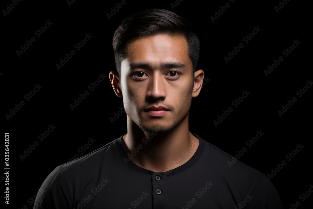 Portrait of a young asian man in black t-shirt on black background Portrait of a young asian man in black t-shirt on black background