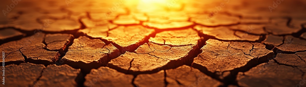 Fototapeta premium Cracked earth under the warm glow of the setting sun, symbolizing drought and climate change impacts.