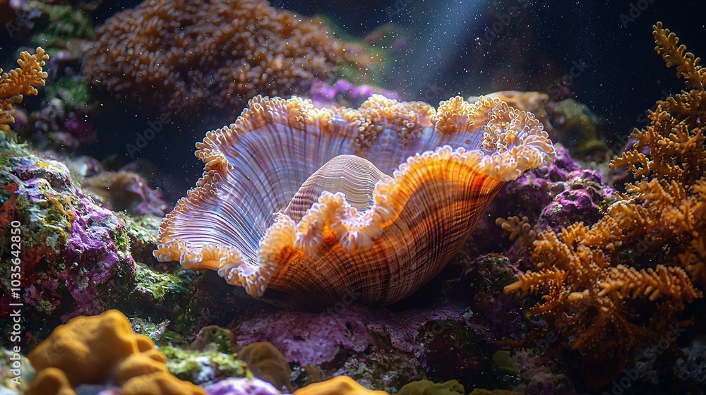 Giant Clam in Vibrant Coral Reef with Underwater Sunlight Glow Giant Clam in Vibrant Coral Reef with Underwater Sunlight Glow