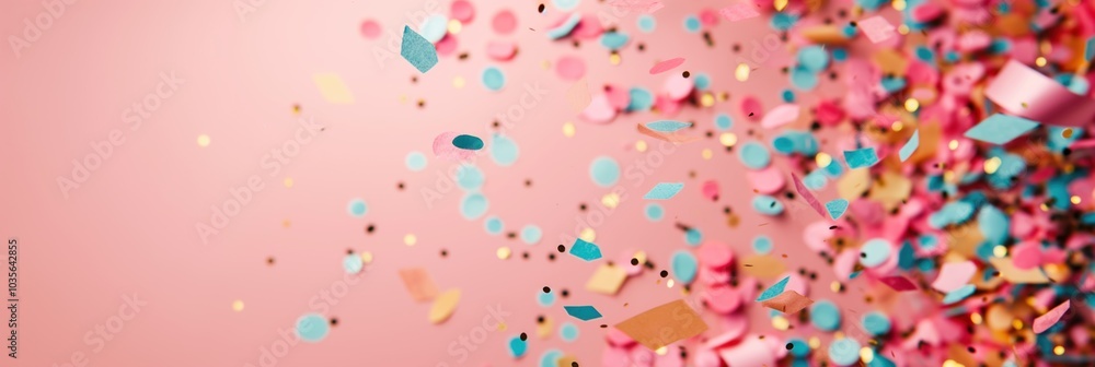 Obraz premium Colorful confetti explosion on pink background for celebratory occasions