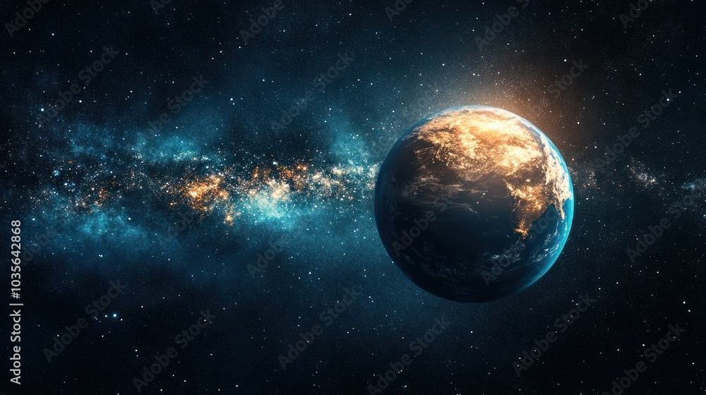 A high-resolution image of the planet Earth at night, highlighting urban areas with bright lights and sprawling infrastructure, set against the vastness of outer space filled A high-resolution image of the planet Earth at night, highlighting urban areas with bright lights and sprawling infrastructure, set against the vastness of outer space filled