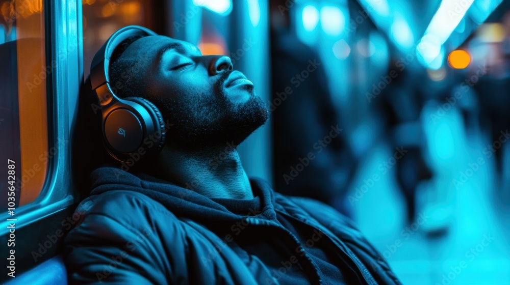 Black man with headphones sitting in the subway, relaxed and listening to music, with soft blue light reflecting from the windows, background in blurred zone Black man with headphones sitting in the subway, relaxed and listening to music, with soft blue light reflecting from the windows, background in blurred zone