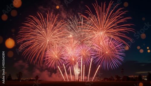 A stunning display of colorful fireworks lighting up the night sky, creating a vibrant and celebratory atmosphere. The image represents celebration, joy, and festivity.