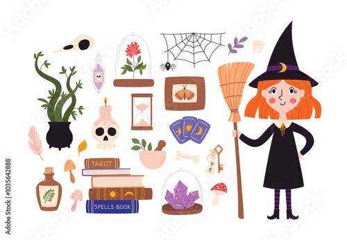 Cute little witch and magic elements set. Halloween vector illustrations collection. A girl in Halloween costume of a witch