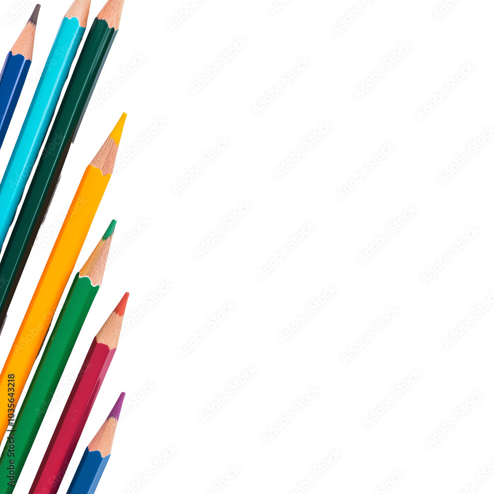 Fototapeta premium Vibrant colored pencils aligned diagonally on white background, showcasing an artistic and creative theme perfect for design projects.
