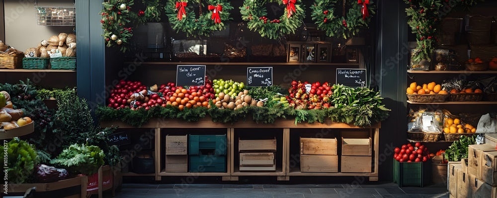 Festive Organic Grocery Store with Holiday Decor and Seasonal Produce Festive Organic Grocery Store with Holiday Decor and Seasonal Produce