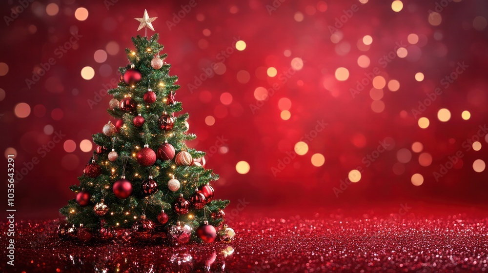 A lush Christmas tree showcasing an assortment of festive ornaments, surrounded by twinkling bokeh lights that add depth A lush Christmas tree showcasing an assortment of festive ornaments, surrounded by twinkling bokeh lights that add depth