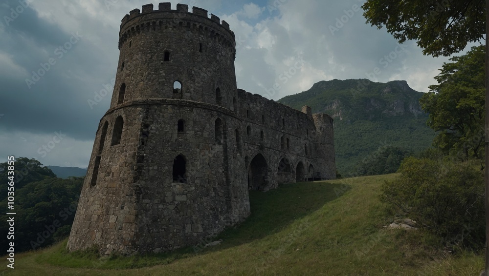 A serene archer tower surrounded by lush greenery and flowers A serene archer tower surrounded by lush greenery and flowers