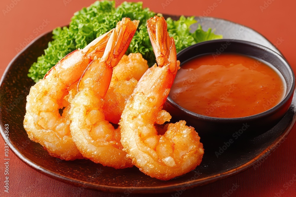 Delicious fried shrimp served with a side of dipping sauce and fresh lettuce garnish. Delicious fried shrimp served with a side of dipping sauce and fresh lettuce garnish.