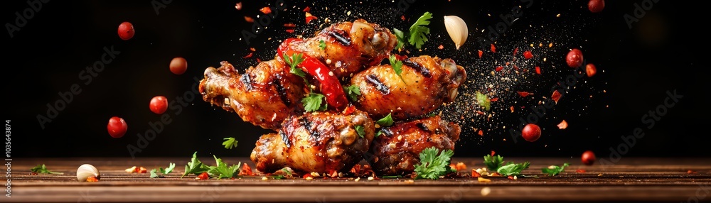 Delicious grilled chicken wings garnished with fresh herbs and spices, presented on a wooden surface with a dark background. Delicious grilled chicken wings garnished with fresh herbs and spices, presented on a wooden surface with a dark background.