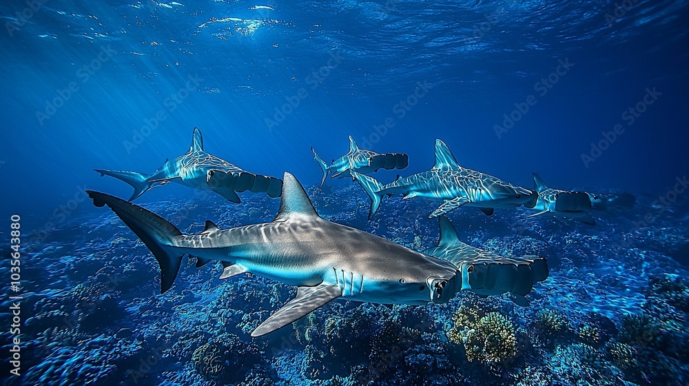 Fototapeta premium Majestic Hammerhead Sharks Swimming in Deep Blue Waters