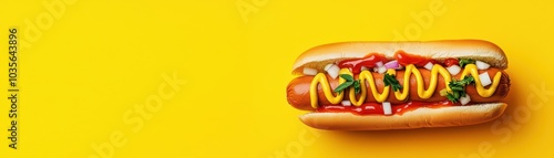 Delicious hot dog topped with mustard, ketchup, and vegetables on a vibrant yellow background.